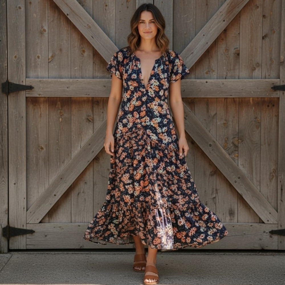 Sundance Navy Floral Maxi Dress with Orange & Teal Blooms